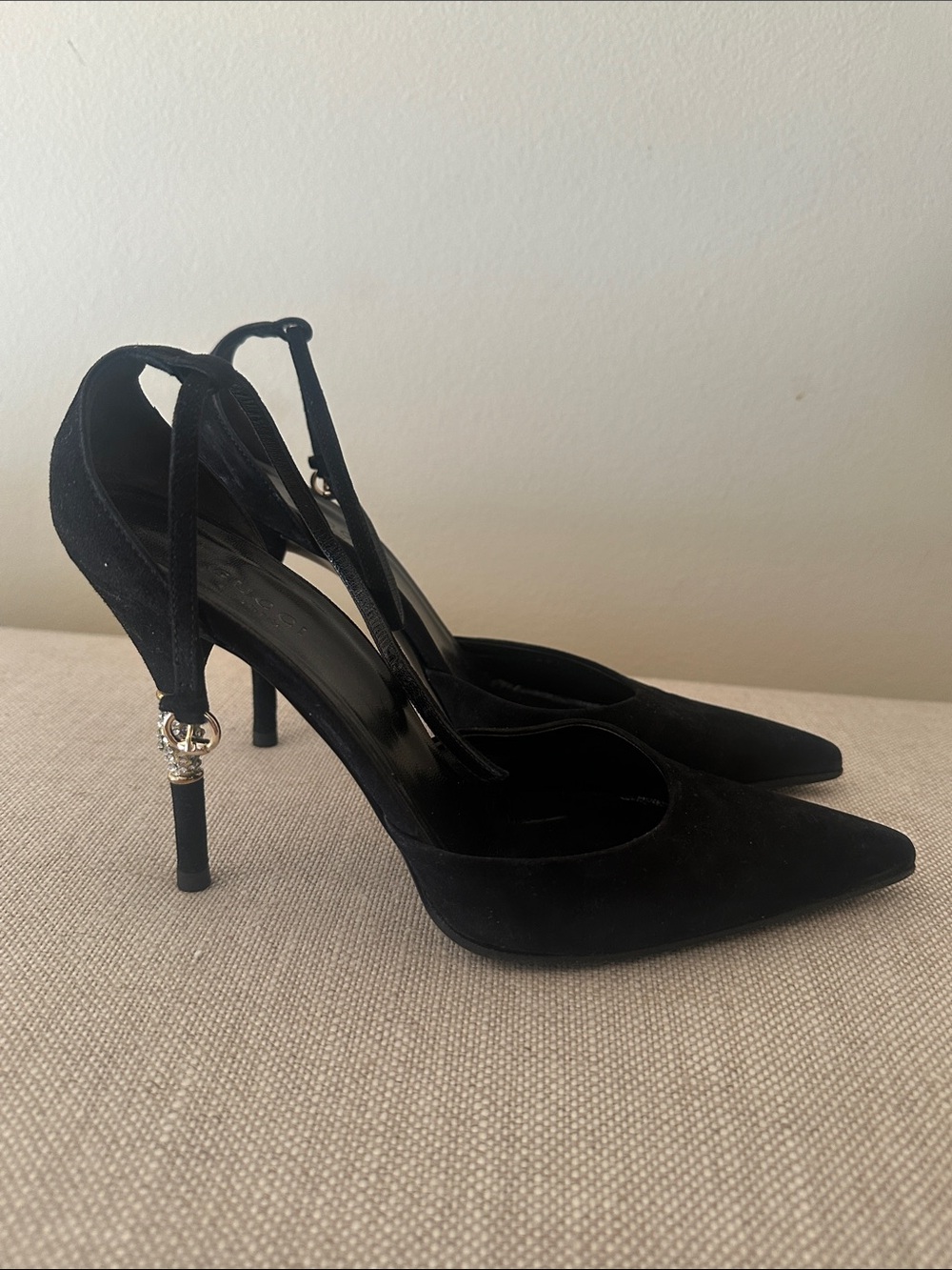 Gucci Black Pointed Slingback Stiletto Pumps with Gold Accent